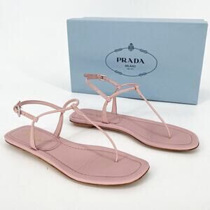 Prada Light Pink Patent Leather T Strap Thong Strappy Flat Sandals IT 37